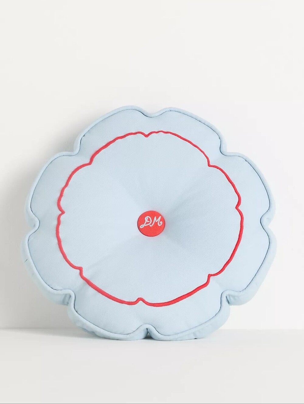 Anthropology Damson Madder Cotton Embroidered Button Round Shaped Pillow Blue
